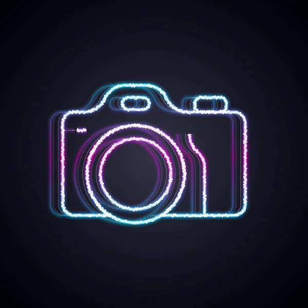发光的霓虹灯线照片相机图标孤立在黑色背景 脚踏相机 数字摄影 — 图库矢量图片