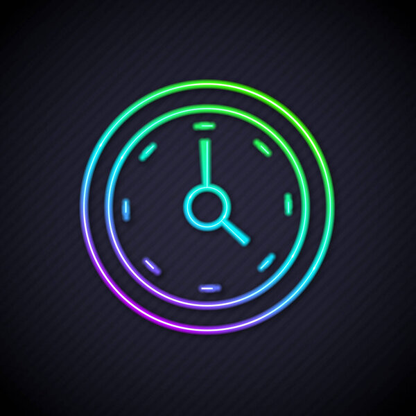 Glowing neon line Clock icon isolated on black background. Time symbol.  Vector