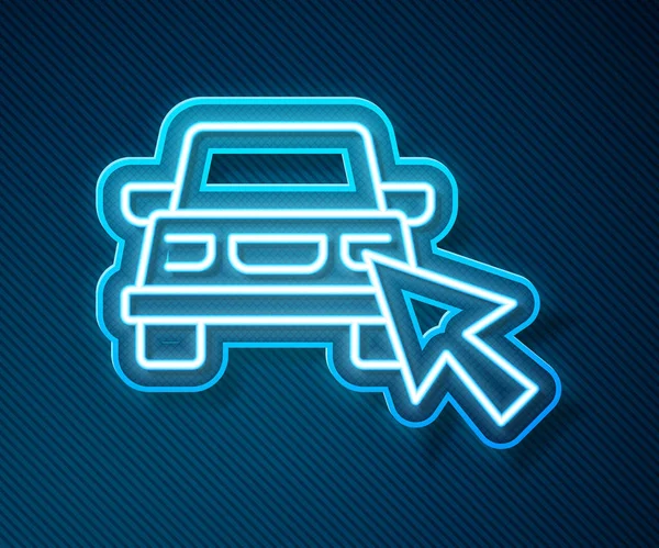 Glowing Neon Line Online Car Share Icon Alone Blue Background — 스톡 벡터