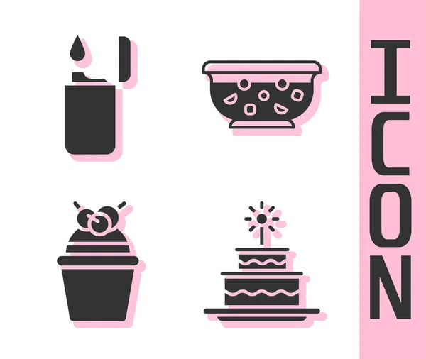 Set Kuchen Mit Brennenden Kerzen Feuerzeug Kuchen Und Gemischten Punsch — Stockvektor