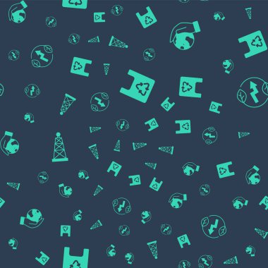 Geri dönüşümlü alışveriş torbası, Dünya 'nın küresi, petrol platformu ve elektrik prizi yaprağını kusursuz bir şablona ayarlayın. Vektör