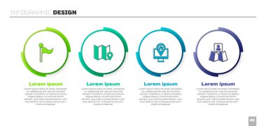Bayrak, konum işaretleyicisi, monitörü ve katlanmış haritayı ayarla. Ticari bilgi şablonu. Vektör