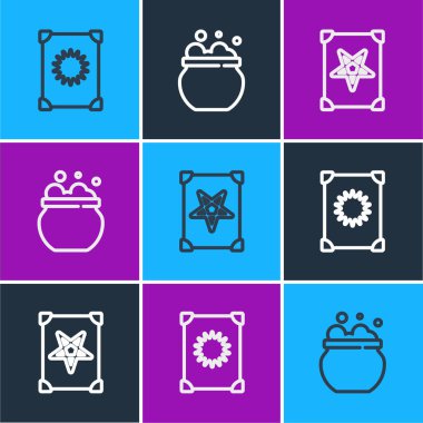 Eskiler 'in sihirli kitabı ve cadı kazanı ikonu. Vektör