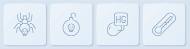 Zehirli örümcek, civa damlası, nükleer bomba ve termometreyi ayarlayın. Beyaz kare düğme. Vektör
