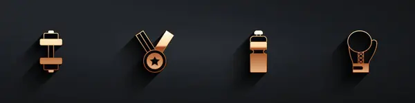 Set Haltère Médaille Agitateur Fitness Icône Gant Boxe Avec Ombre — Image vectorielle