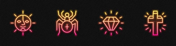 Set Line Diamond Sun Spider Christian Cross Glowing Neon Icon — Stock Vector
