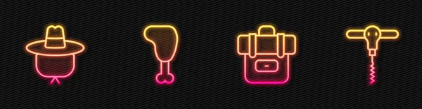 设置系列远足背包 野营帽 鸡腿和葡萄酒软木塞螺丝 发光的霓虹灯图标 — 图库矢量图片