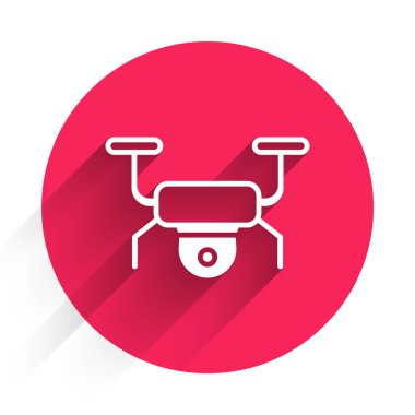 Beyaz İHA uçan ikonu uzun gölgeli izole edilmiş. Video ve fotoğraf makinesi sembollü dörtlü helikopter. Kırmızı daire düğmesi. Vektör.