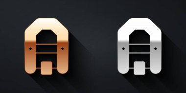 Siyah arkaplanda altın ve gümüş Rafting teknesi ikonu var. Kürekleri olan şişme bir tekne. Su sporları, ekstrem sporlar, tatil, tatil. Uzun gölge tarzı. Vektör