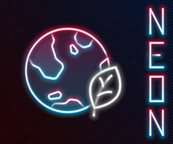 Világító Neon Vonal Föld Földgömb Levél Ikon Elszigetelt Fekete Háttérrel — Stock Vector