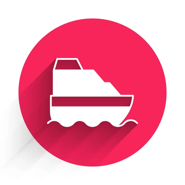 長い影の背景と隔離された海のアイコンの白いクルーズ船 世界を巡航する 赤い丸ボタン ベクトル — ストックベクタ