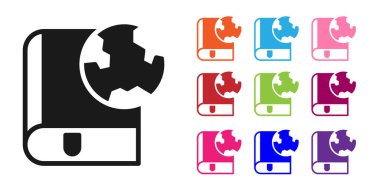 Siyah Dünya küresi ve kitap ikonu beyaz arka planda izole edilmiş. Dünya ya da Dünya işareti. Küresel internet sembolü. Geometrik şekiller. Simgeleri renklendirin. Vektör