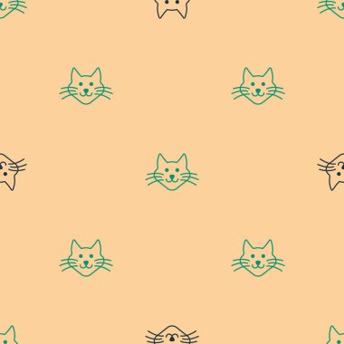 Yeşil ve siyah kedi simgesi, bej arka planda pürüzsüz desen izole etti. Vektör