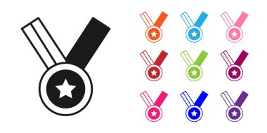 Beyaz arkaplanda siyah madalya ikonu izole edildi. Kazanan başarı işareti. Ödül madalyası. Simgeleri renklendirin. Vektör