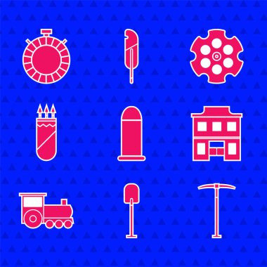 Mermi, Kürek, Kazma, Vahşi Batı Salonu, Retro Treni, Oklu Quiver, Revolver silindiri ve Kantin su şişesi ikonu. Vektör