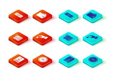 Kumarhane dağıtıcısı, çip, kumar makinesi, kumarhane, para dolu cüzdan ve kağıt para ikonu. Vektör