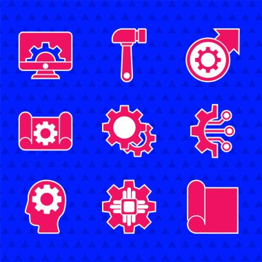 Mühendislik için Gear, İşlemci, Grafik kağıdı, Algoritma, teçhizatlı insan kafası ve iş akışı süreci ve Bilgisayar monitörü simgesi olarak okları ayarla. Vektör