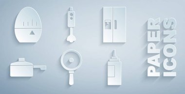 Kızartma tavası, buzdolabı, sos şişesi, blender ve mutfak zamanlayıcısı ikonu. Vektör