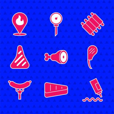 Tavuk budu, biftek, sos şişesi, biftek, çatalda sosis, ızgara domuz pirzolası ve alev ikonlu konum. Vektör