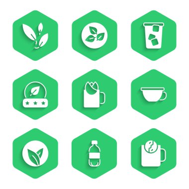 Bir bardak çay, gül, şişe suyu, çay saati, yaprak, buz ve ikon. Vektör