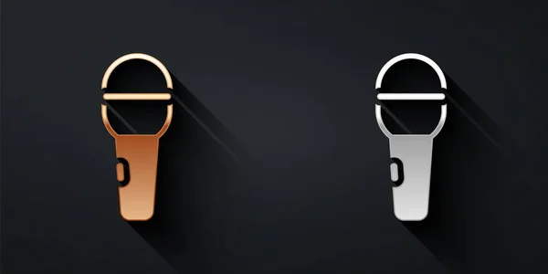 Zlatá Stříbrná Ikona Mikrofonu Izolované Černém Pozadí Mikrofon Vysílačkou Mluvčí — Stockový vektor