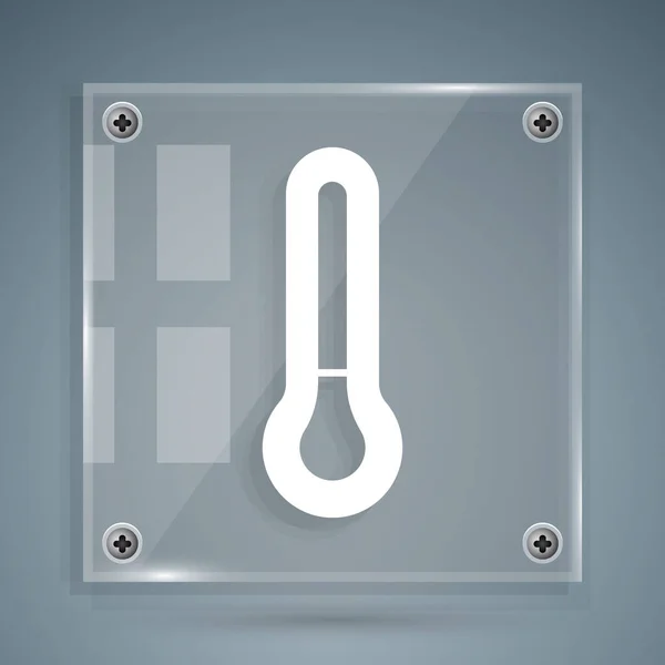 灰色の背景に隔離された白い気象温度計のアイコン 高温または低温を示す温度計機器 正方形のガラスパネル ベクトル — ストックベクタ