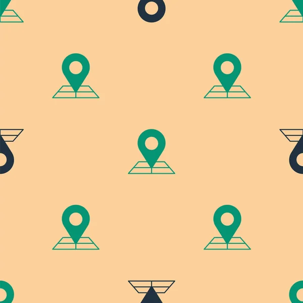 stock vector Green and black Folded map with location marker icon isolated seamless pattern on beige background.  Vector