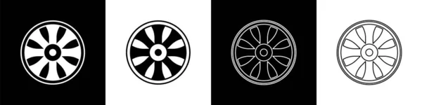 Set Alloy Wheel Car Icon Isolated Black White Background Vector — Stock Vector