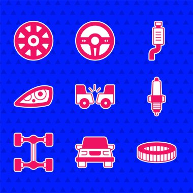 Araba kazasını ayarlayın, hava filtresi, buji, Chassis arabası, far, egzoz susturucu ve simge için alloy tekerleği. Vektör