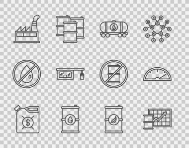 Motor yağı, petrol fiyatlarına zam, demiryolu deposu, fıçı, endüstriyel fabrika binası, benzin doldurma istasyonu, biyo yakıt varili ve hız göstergesi ikonu için boru hattı kurun. Vektör
