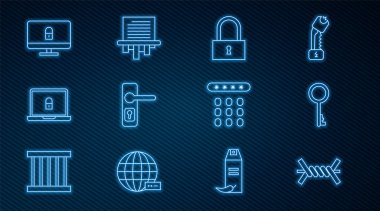 Dikenli tel, eski anahtar, kilit, kapı kolu, dizüstü bilgisayar kilidi, bilgisayar monitörü, şifre koruması ve kağıt öğütücü simgesi. Vektör