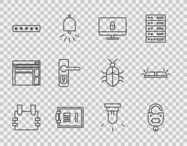 Kurşun geçirmez yelek, kilit ve anahtar, bilgisayar monitöründe, güvenli, şifre korumalı, kapı kolu, hareket sensörü ve flasher siren simgesine ayarlayın. Vektör