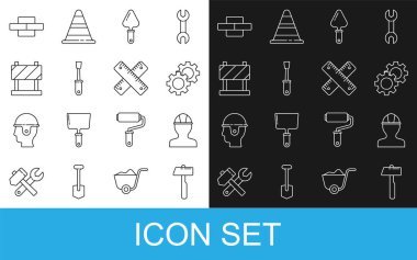 Hat Hammer, İşçi kaskı, Gear, Trowel, Tornavida, Yol Bariyeri, Tuğla ve Çapraz cetvel simgesi. Vektör