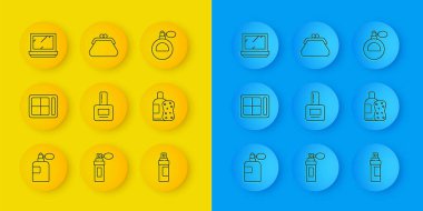 Parfüm, göz farı paleti, tırnak cilası şişesi, bir şişe şampuan ve sünger aynalı makyaj tozu ve debriyaj çantası ikonu. Vektör