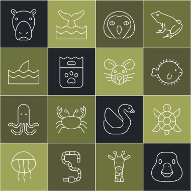 Kaz Kaz Kuşu, Kaplumbağa, Kirpi Balığı, Baykuş, Yiyecek Torbası, Okyanus Dalgasında Köpekbalığı Yüzgeci, Hippo veya Fare kafası ikonu. Vektör