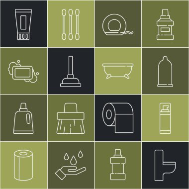 Hat hattı klozet, tıraş köpüğü, prezervatif, diş ipi, lastik pompa, sabun, tüp diş macunu ve küvet ikonu. Vektör