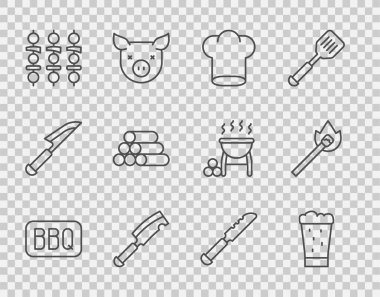 Barbekü, bir bardak bira, şef şapkası, et dilimi, ızgara şiş kebap, tahta kütük, ekmek bıçağı ve ateş ikonuyla yanan kibrit. Vektör