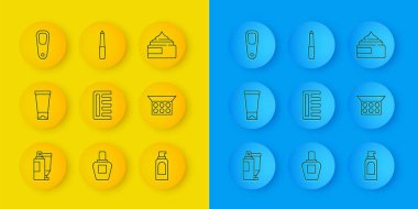 Hat kremi ya da losyon kozmetik tüpü, saç fırçası, saç spreyi kutusu ayna, sünger ayaklı makyaj tozu ve tırnak törpüsü dosya ikonu. Vektör