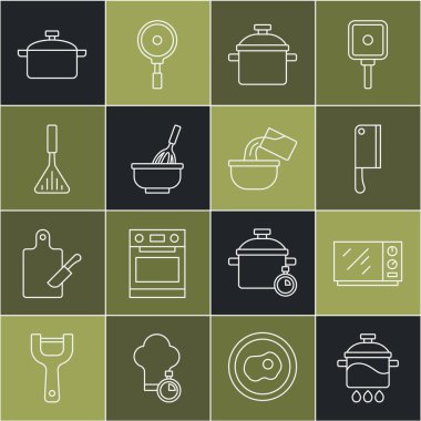 Hattı kur: Yemek tenceresi, mikrodalga fırın, et helikopteri, kâseli mutfak çırpısı, barbekü spatulası ve Saucepan ikonu. Vektör
