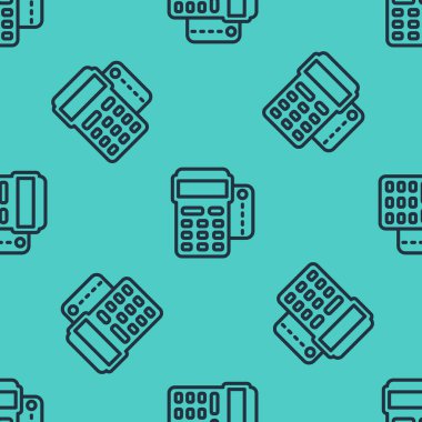 Siyah çizgi POS terminali, eklenmiş kredi kartı ve yazdırılmış alıcı simgesi yeşil arka planda izole edilmiş pürüzsüz desen. NFC ödeme konsepti. Vektör.