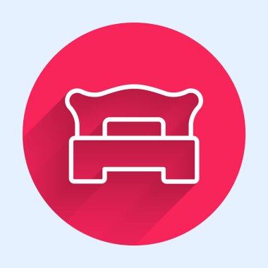Beyaz çizgi yatak odası simgesi uzun gölge arkaplanı ile izole edilmiş. Düğün, aşk, evlilik sembolü. Balayı koleksiyonundan yatak odası yaratıcı ikonu. Kırmızı daire düğmesi. Vektör