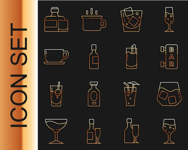 Set Line Coupe Champagne Whisky Enseigne Avec Bar Bouteille Champagne — Image vectorielle
