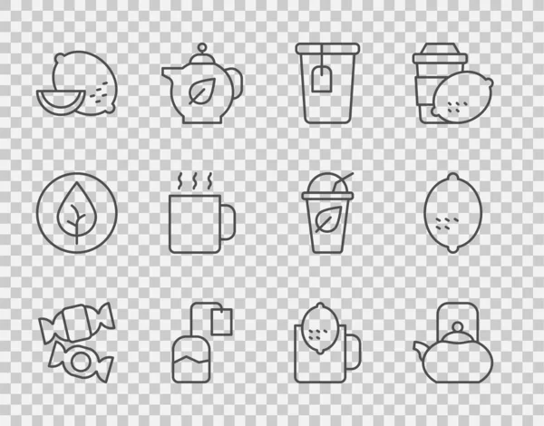设置线糖果 水壶与柄 杯茶袋 柠檬和图标 — 图库矢量图片