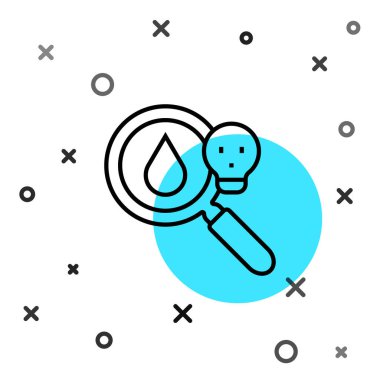 Siyah çizgi zehirli büyüteç ikonu beyaz arka planda izole edilmiş. Rastgele dinamik şekiller. Vektör