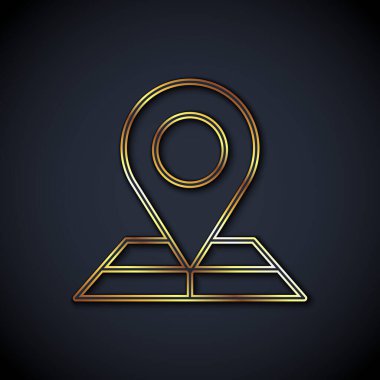 Siyah arkaplan üzerinde konum belirleyici simgesi olan altın çizgili harita. Vektör