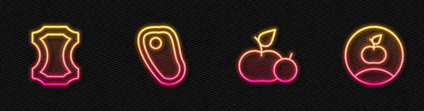 设置系列苹果 牛排肉和 发光的霓虹灯图标 — 图库矢量图片