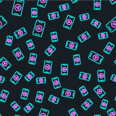 Line Online video simgesi siyah arkaplanda izole edilmiş. Akıllı telefon ve üzerinde oyun işareti olan film şeridi. Vektör