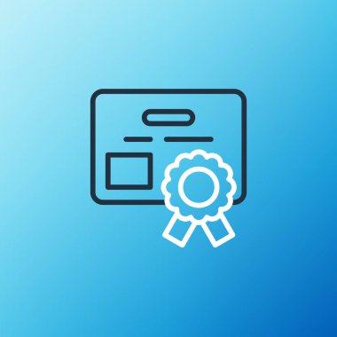 Satır Sertifika şablon simgesi mavi arkaplanda izole edildi. Başarı, ödül, diploma, burs, diploma kavramları. Renkli taslak konsepti. Vektör