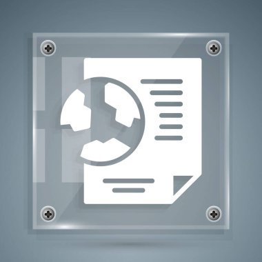Gri arka planda izole edilmiş belge simgesine sahip Beyaz Dünya küresi. Dünya ya da Dünya işareti. Küresel internet sembolü. Geometrik şekiller. Kare cam paneller. Vektör