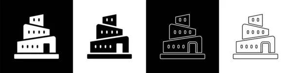 Set Babel Tower Biblische Geschichte Symbol Isoliert Auf Schwarz Weißem — Stockvektor